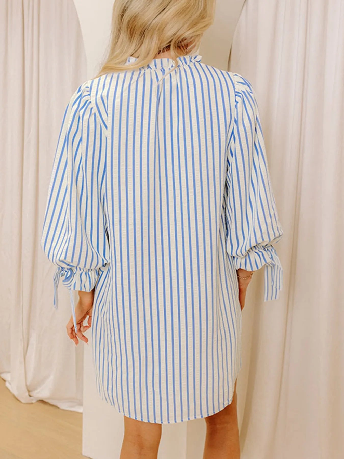 Stripe Knotted Sleeve Notched Shift Mini Dress OutfitFlow