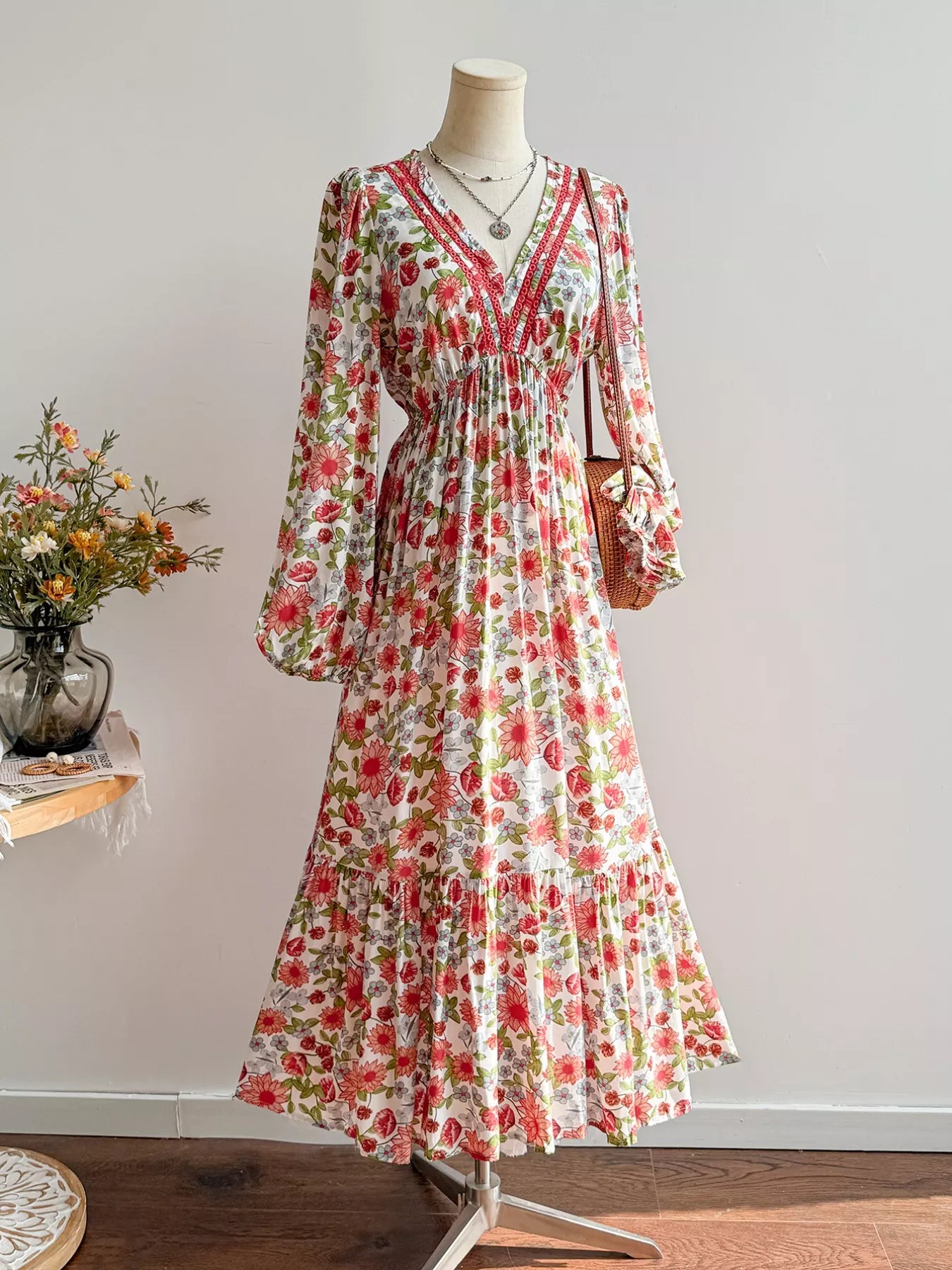 Floral Print V-Neck Bohemian Midi Dress OutfitFlow