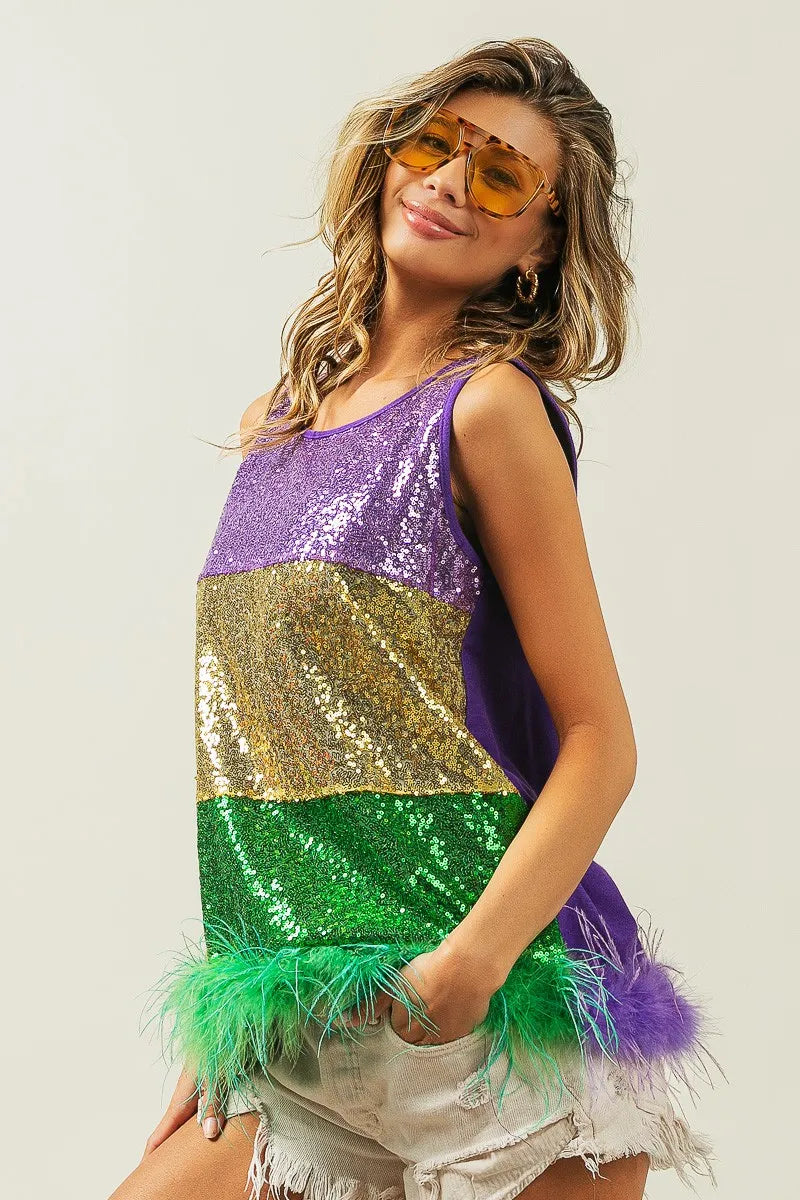 BiBi Mardi Gras Color Block Faux Feather Hem Sequin Top OutfitFlow