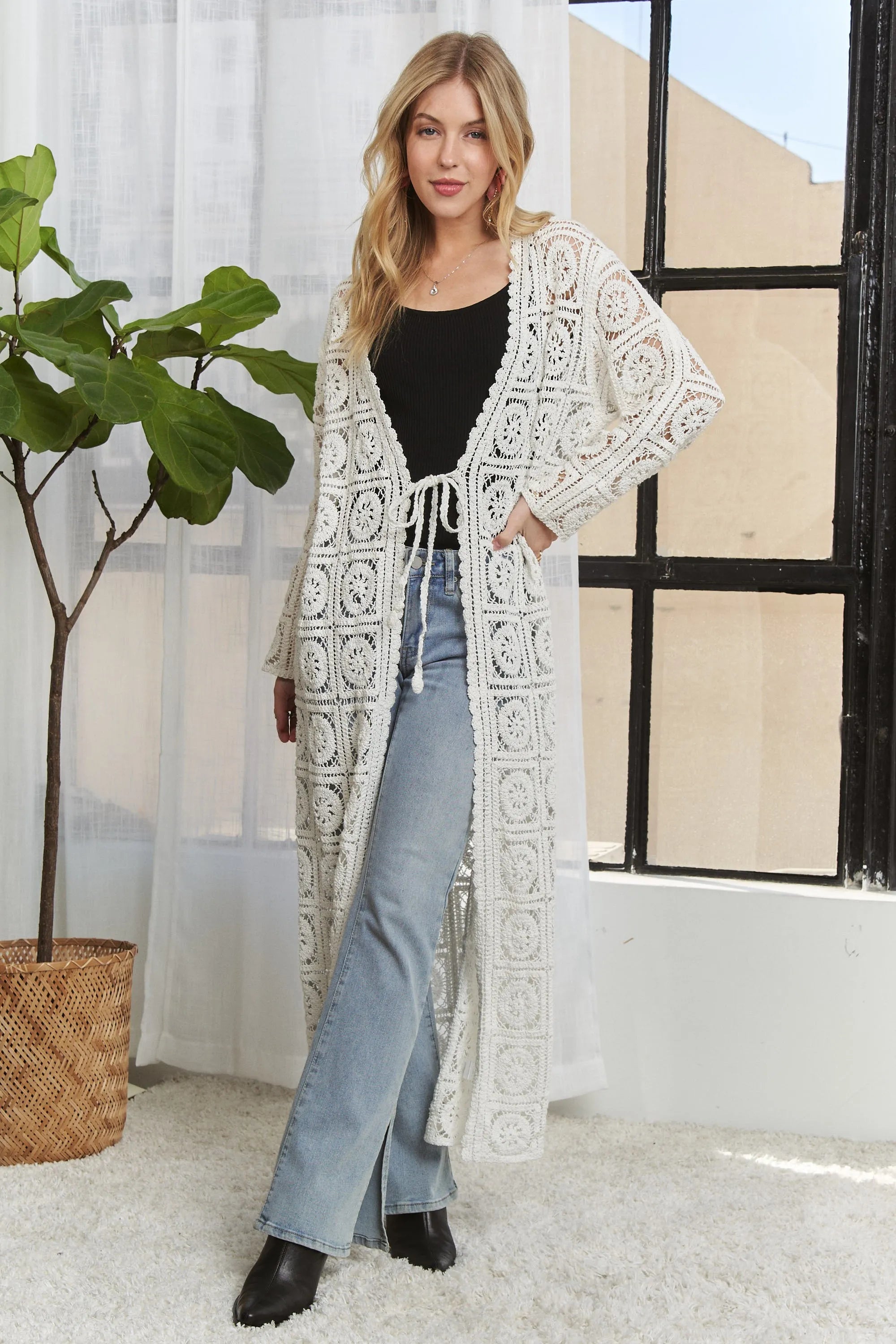 ADORA Long Sleeves Crochet Elastic Cardigan OutfitFlow