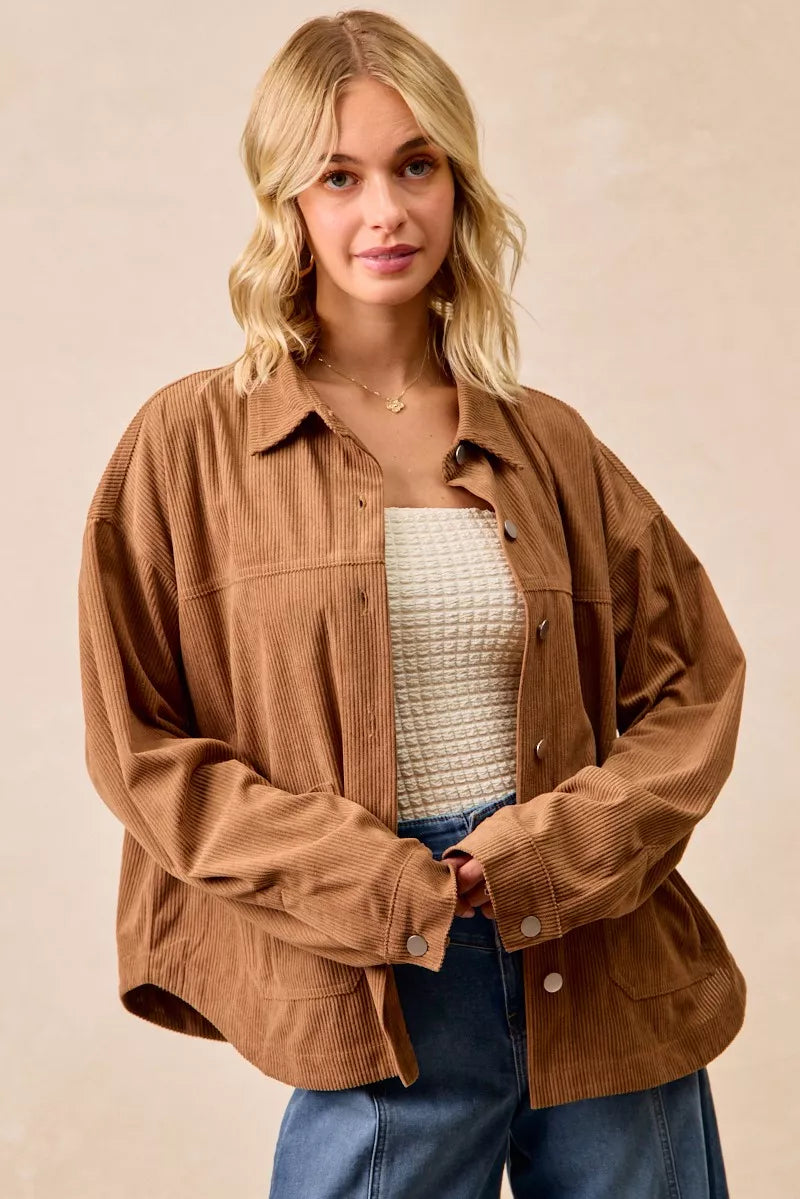 BiBi Corduroy Relaxed Fit Shacket with Back Pleat OutfitFlow