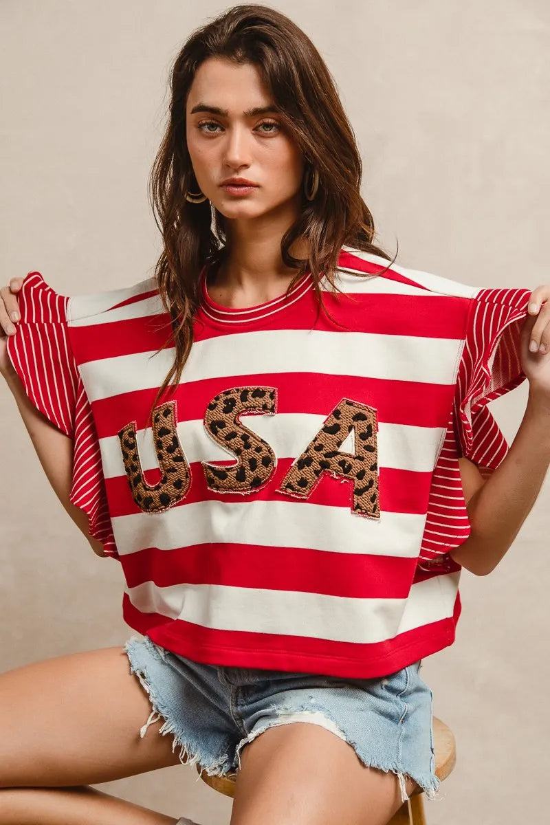 BiBi Stripe Mixed Ruffle Sleeve Top With Leopard Letter OutfitFlow