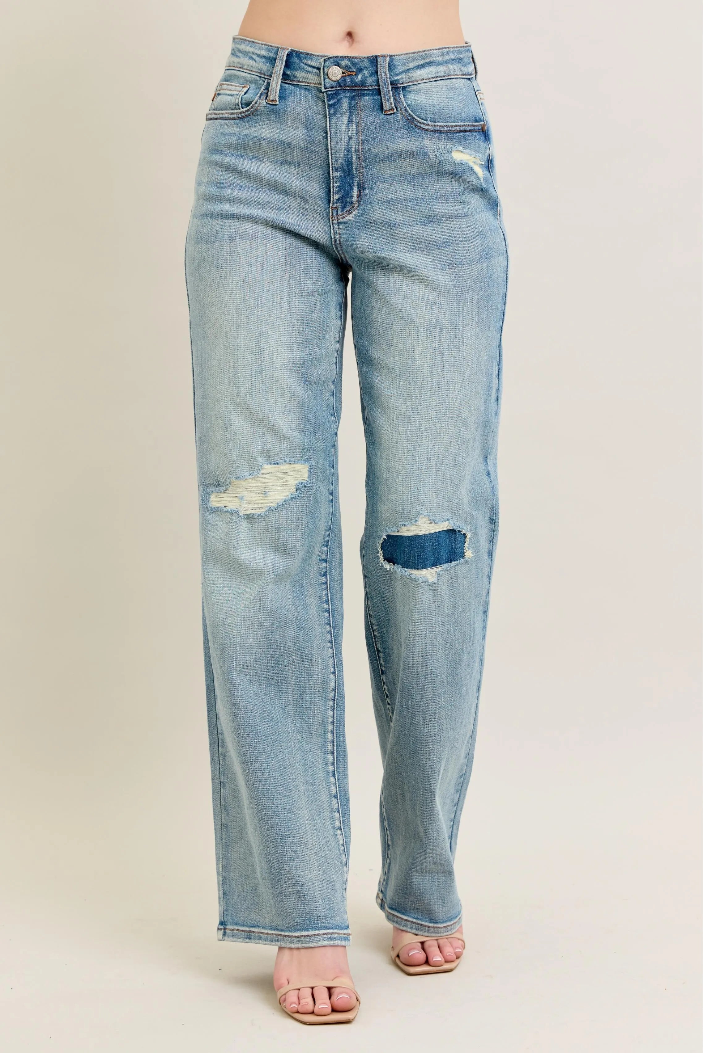 Judy Blue Full Size Hw Destroy & Knee Patch Straight Jeans Plus Size OutfitFlow