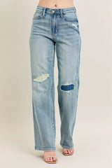 Judy Blue Full Size Hw Destroy & Knee Patch Straight Jeans Plus Size OutfitFlow