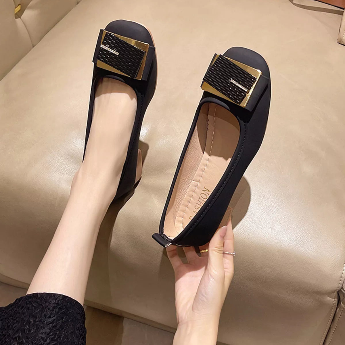 Round Toe Block Heels Slip-Ons Black OutfitFlow