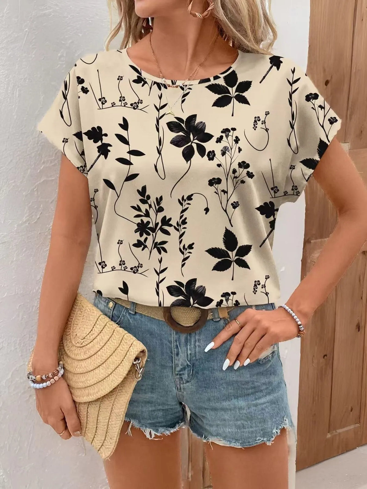 Printed Round Neck Short Sleeve Blouse Apricot OutfitFlow