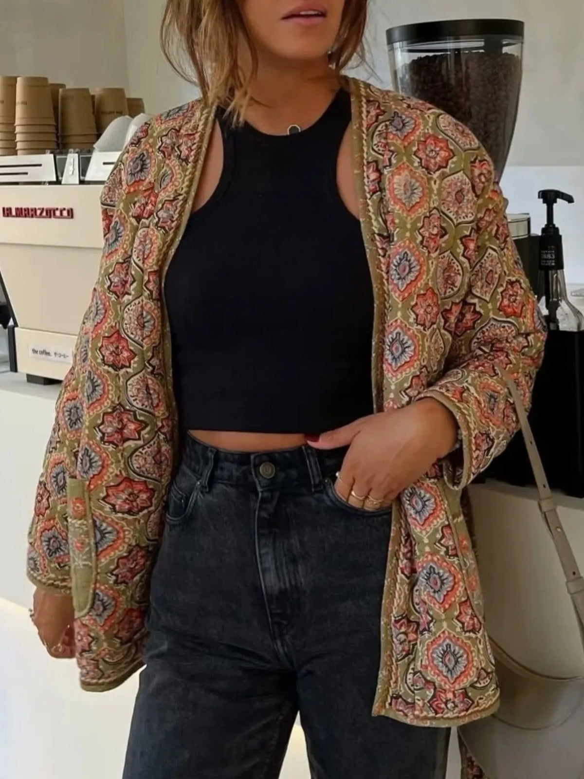 Belted Open Front Floral Winter Coat Floral Trendsi