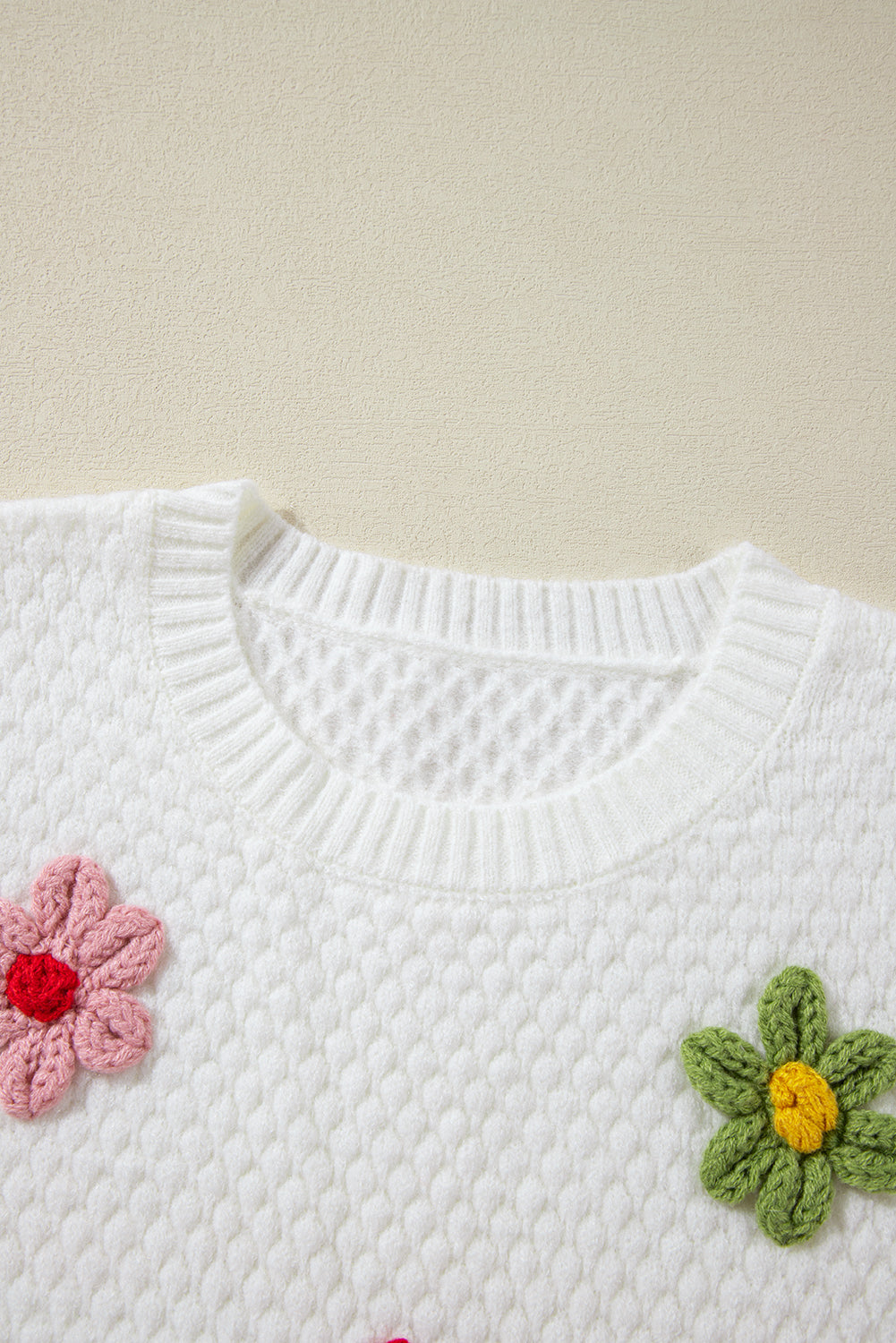 Outfit Flow - Crochet Flower Round Neck Long Sleeve Sweater