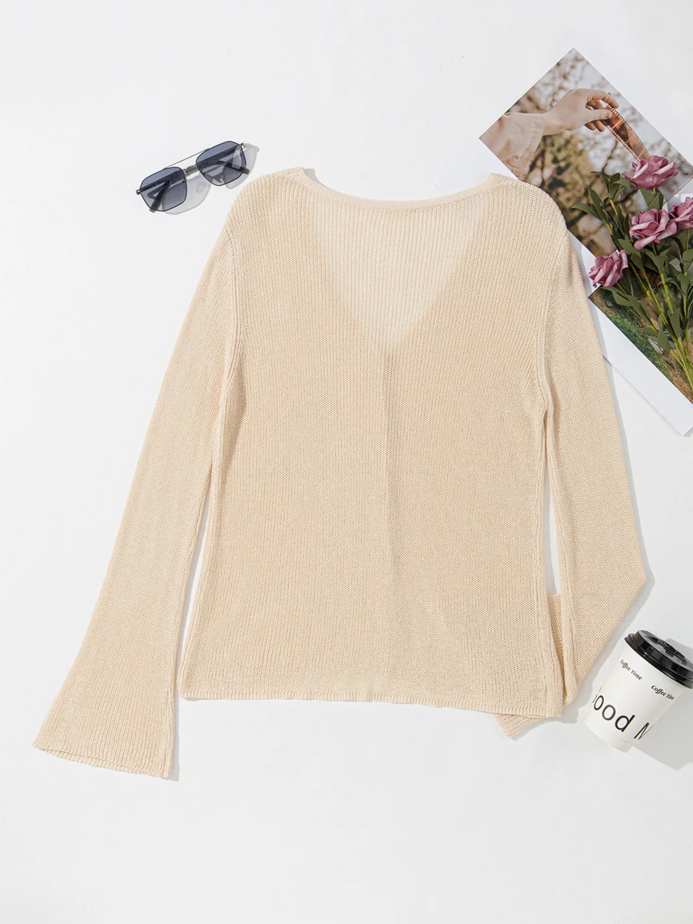 Lightweight V Neck Button Front Bell Sleeve Cardigan OutfitFlow