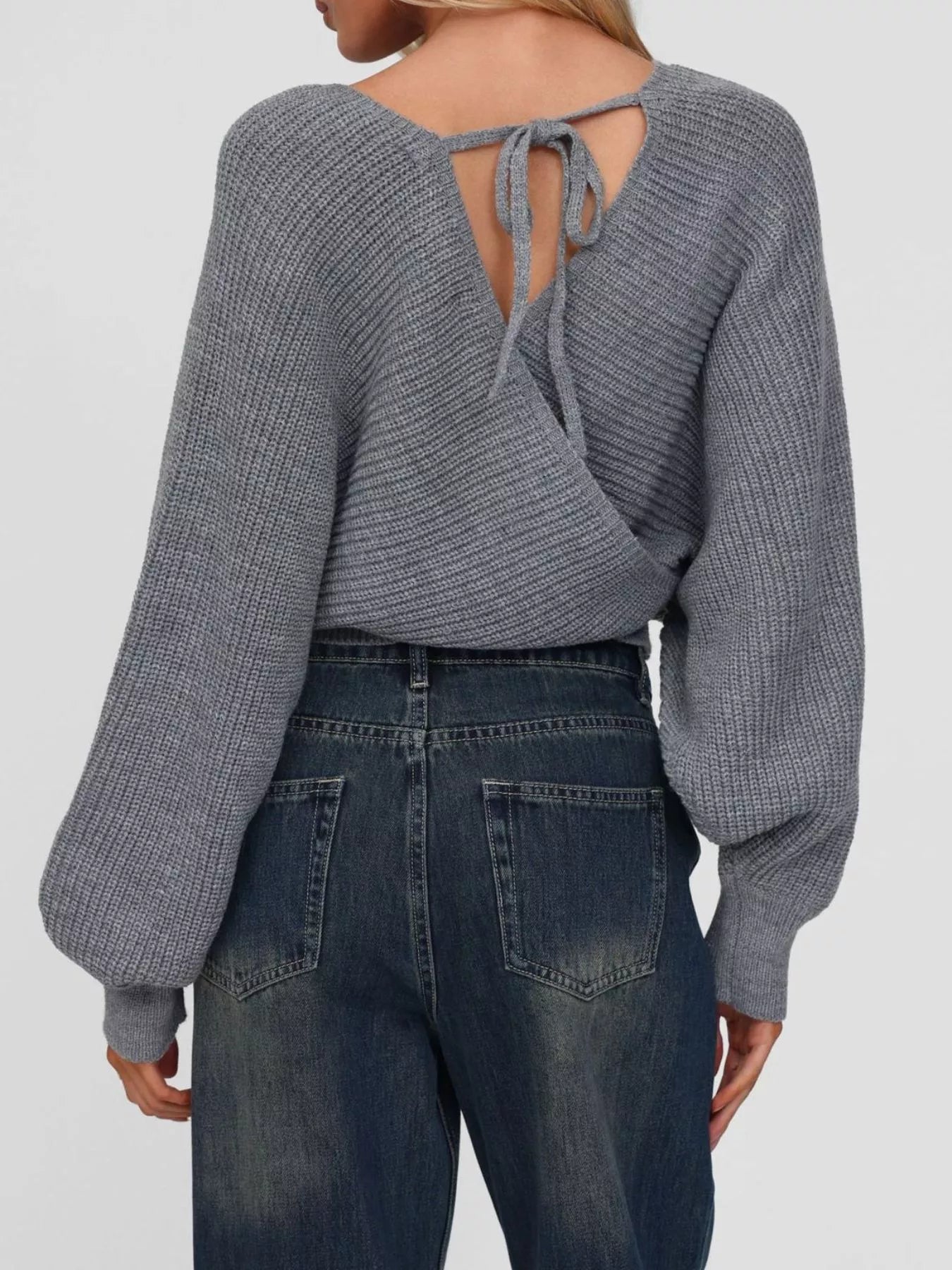 Surplice Cropped Sweater with Back Tie OutfitFlow