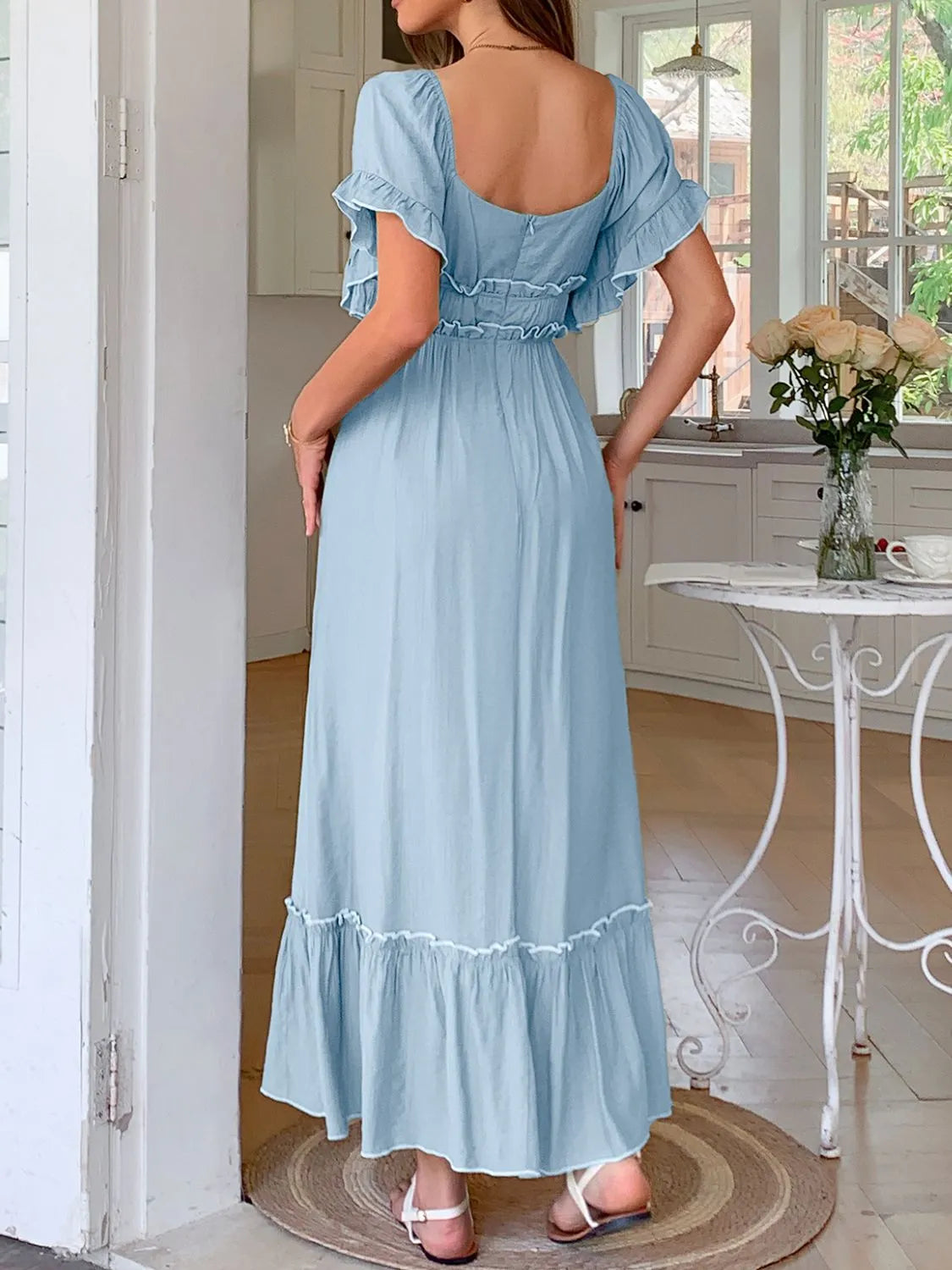 Square Neck Puff Sleeve Ruffle Trim Maxi Dress OutfitFlow