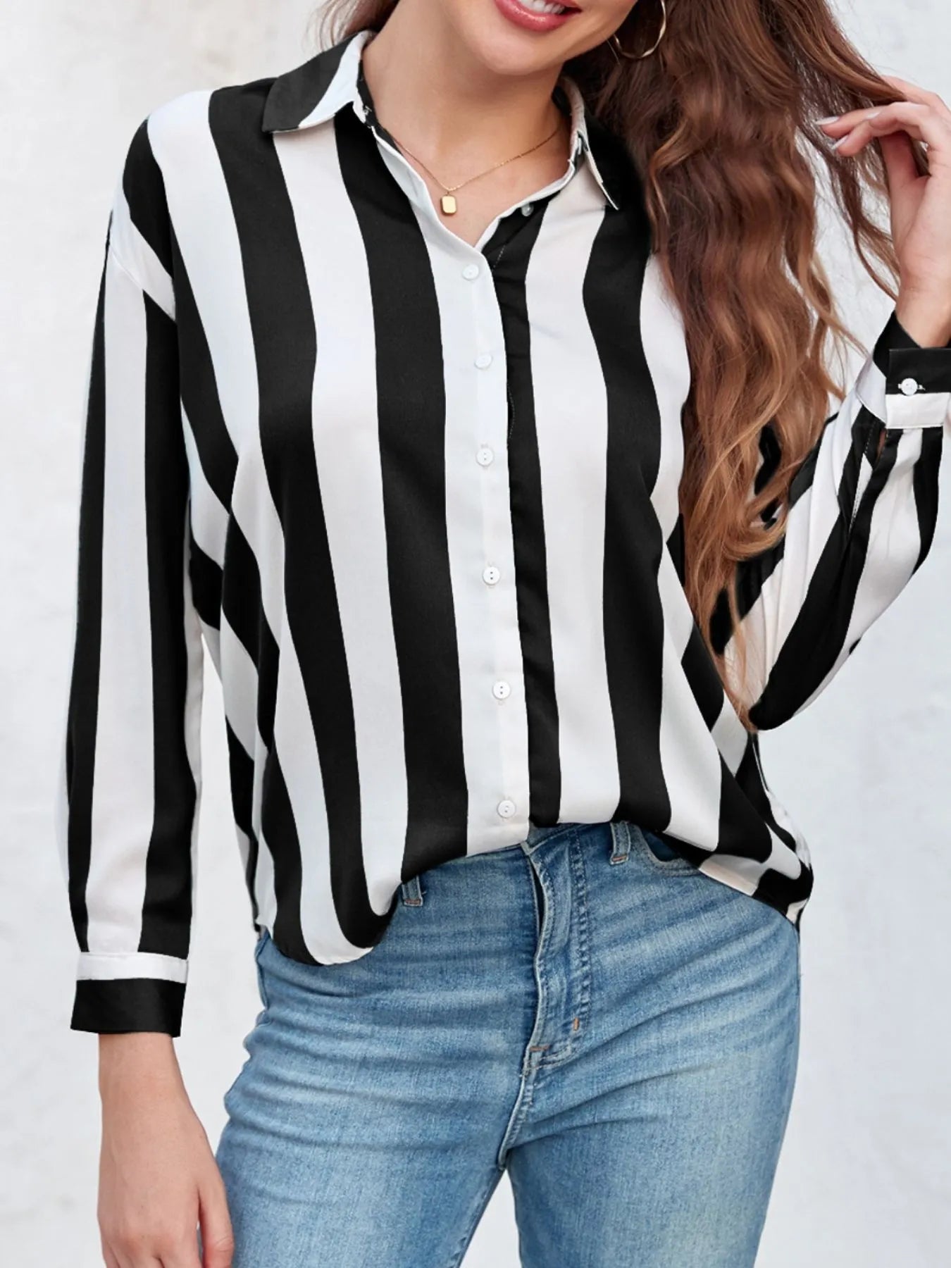 Striped Relaxed Button Up Shirt Black OutfitFlow