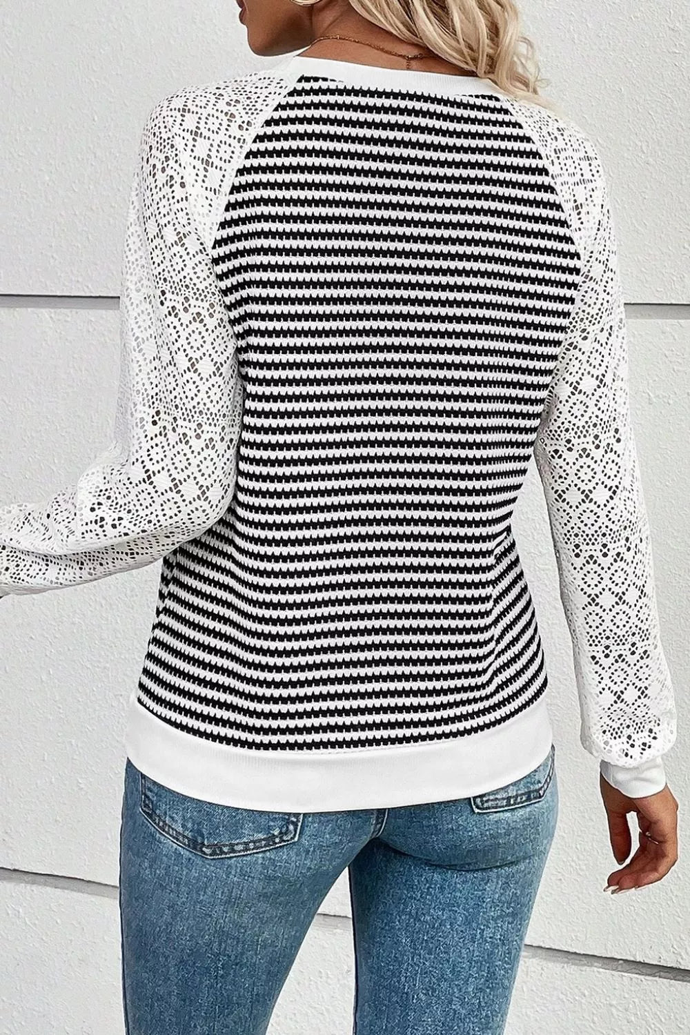Striped Lace Raglan Sleeve Blouse Trendsi