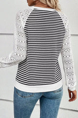 Striped Lace Raglan Sleeve Blouse Trendsi