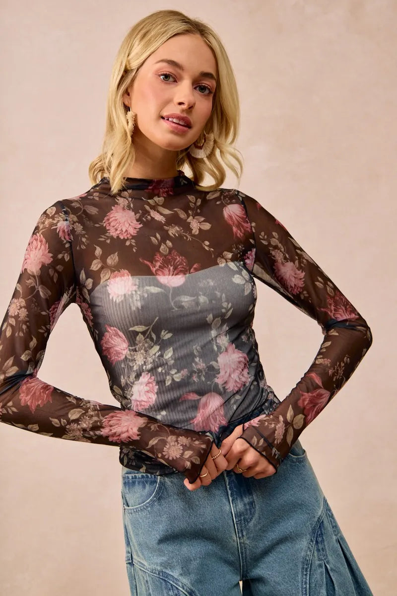 BiBi Flower Printed Mesh Lace Top with Thumb Opening OutfitFlow
