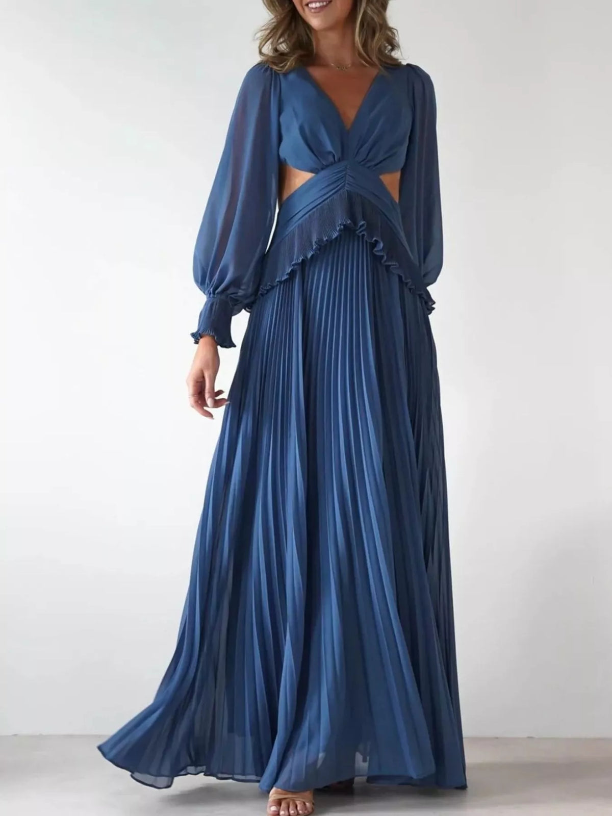 Backless Pleated Long Sleeve Maxi Dress Blue OutfitFlow