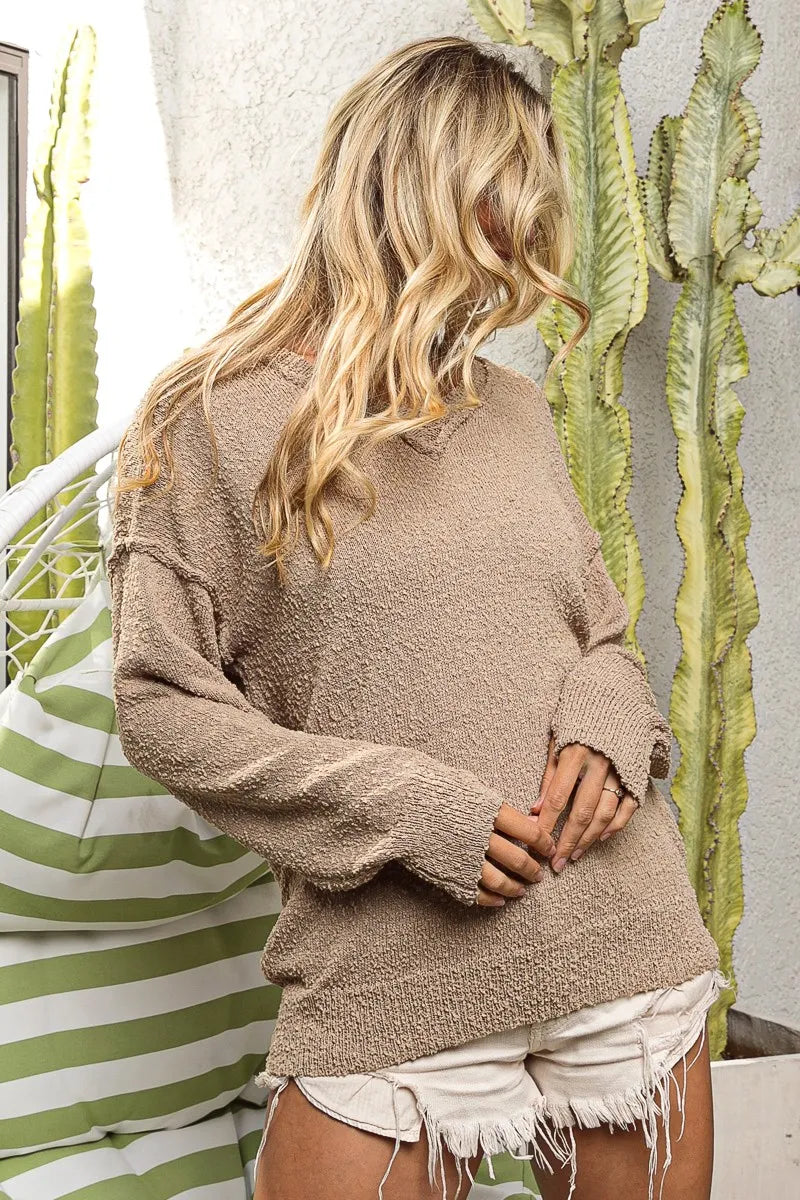 BiBi Raw Edged Popcorn Texture V-neck Sweater OutfitFlow