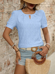 Eyelet Round Neck Short Sleeve Top OutfitFlow