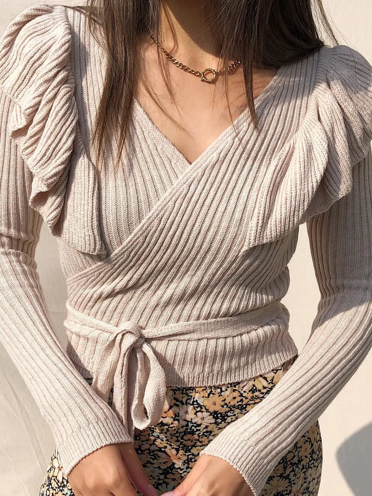 Ruffled Surplice Long Sleeve Knit Top Sand Color OutfitFlow
