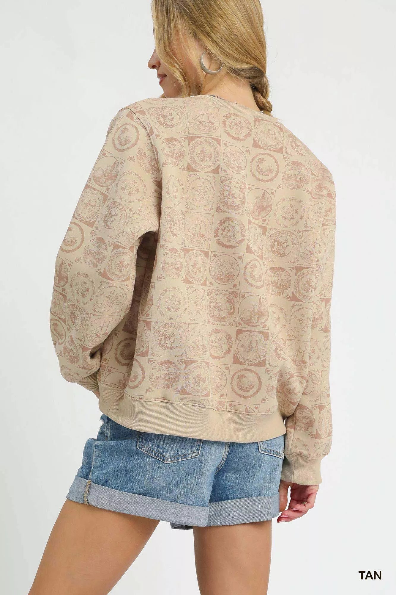 Umgee Coin Stamp Print Sweatshirt OutfitFlow