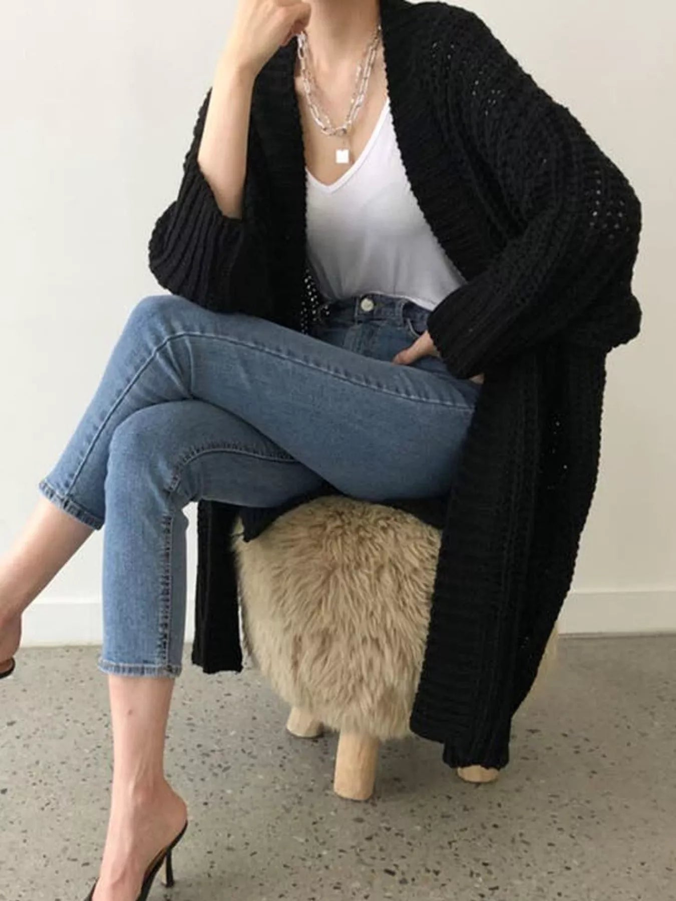 Chunky Knit Open Front Cardigan Black OutfitFlow