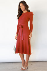 Outfit Flow - Round Neck Long Sleeve Tie Waist Sweater Dress