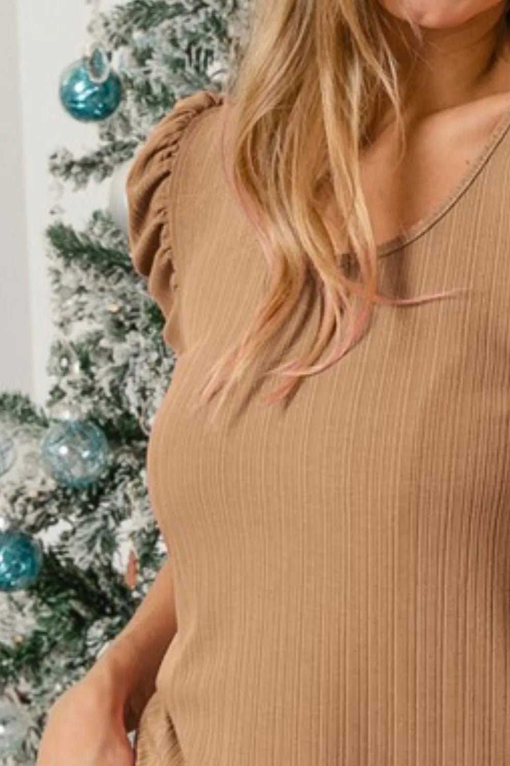 BiBi Verigated Rib Knit Puff Sleeves Shorts Top OutfitFlow