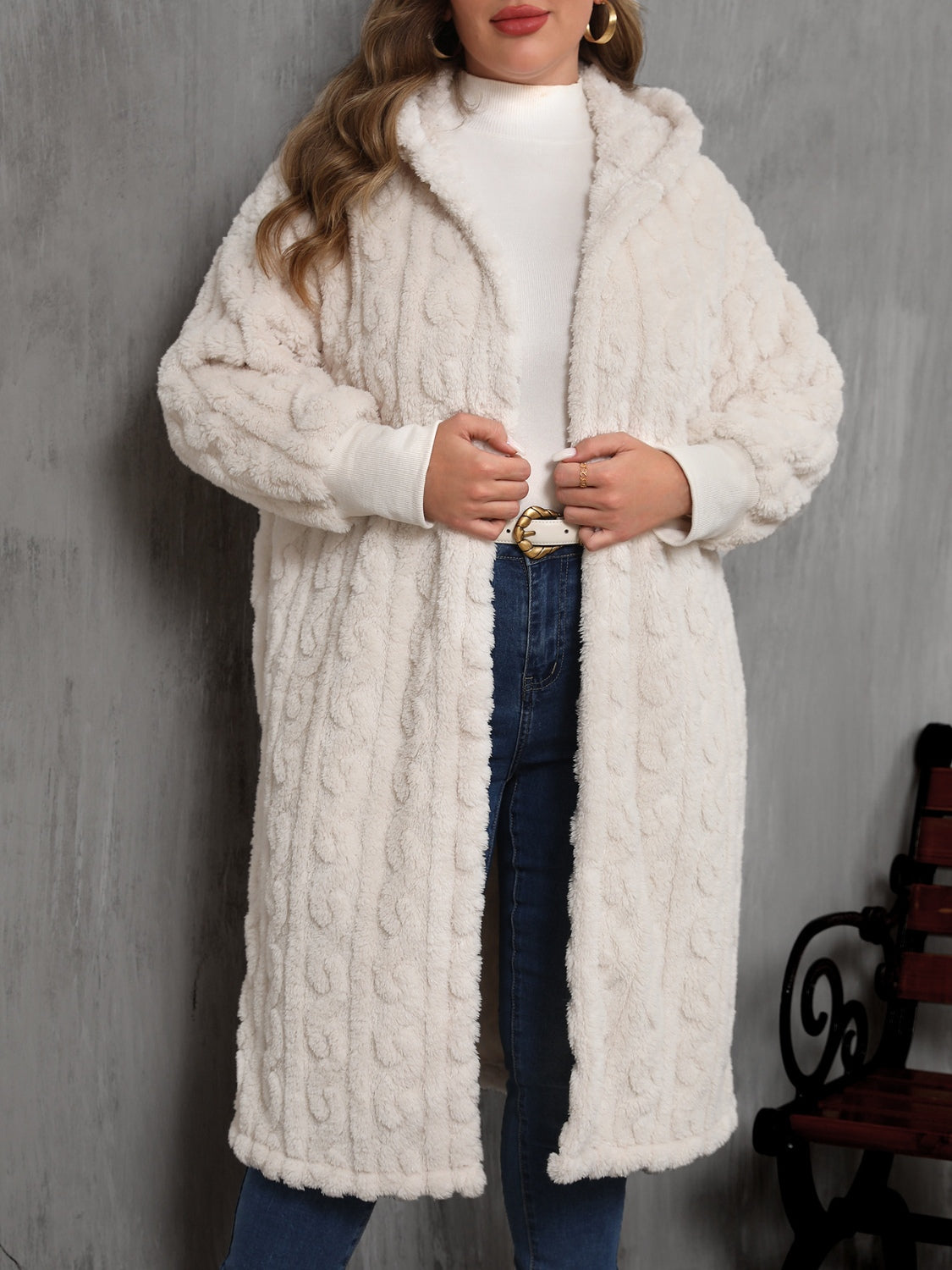 Outfit Flow - Plus Size Open Front Hooded Plush Coat