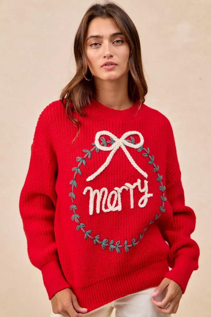 BiBi Christmas Wreath Merry Letter Knit Top OutfitFlow