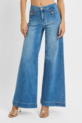 RISEN Full Size Mid Rise Wide Front Patch Pocket Jeans Plus Size MEDIUM OutfitFlow