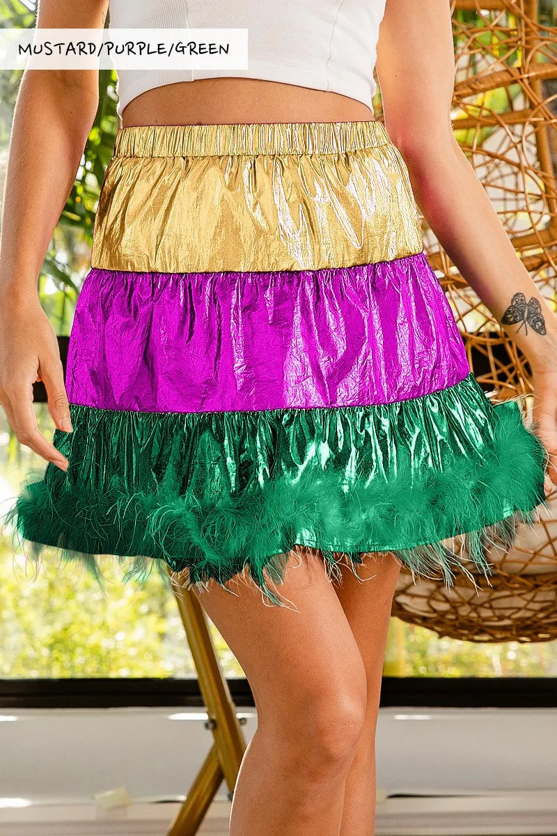 BiBi Faux Feather Hem Mardi Gras Metalic Mini Skirt OutfitFlow