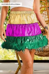 BiBi Faux Feather Hem Mardi Gras Metalic Mini Skirt OutfitFlow