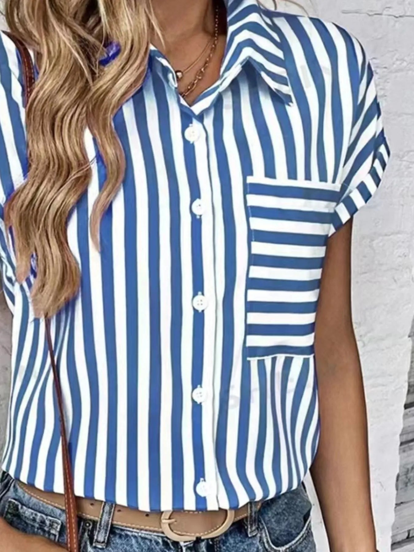 Striped Button-Up Short Sleeve Shirt with Pocket OutfitFlow