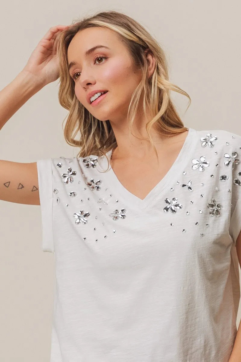 BiBi Slub Jersey Rhinestone V Neck Top OutfitFlow