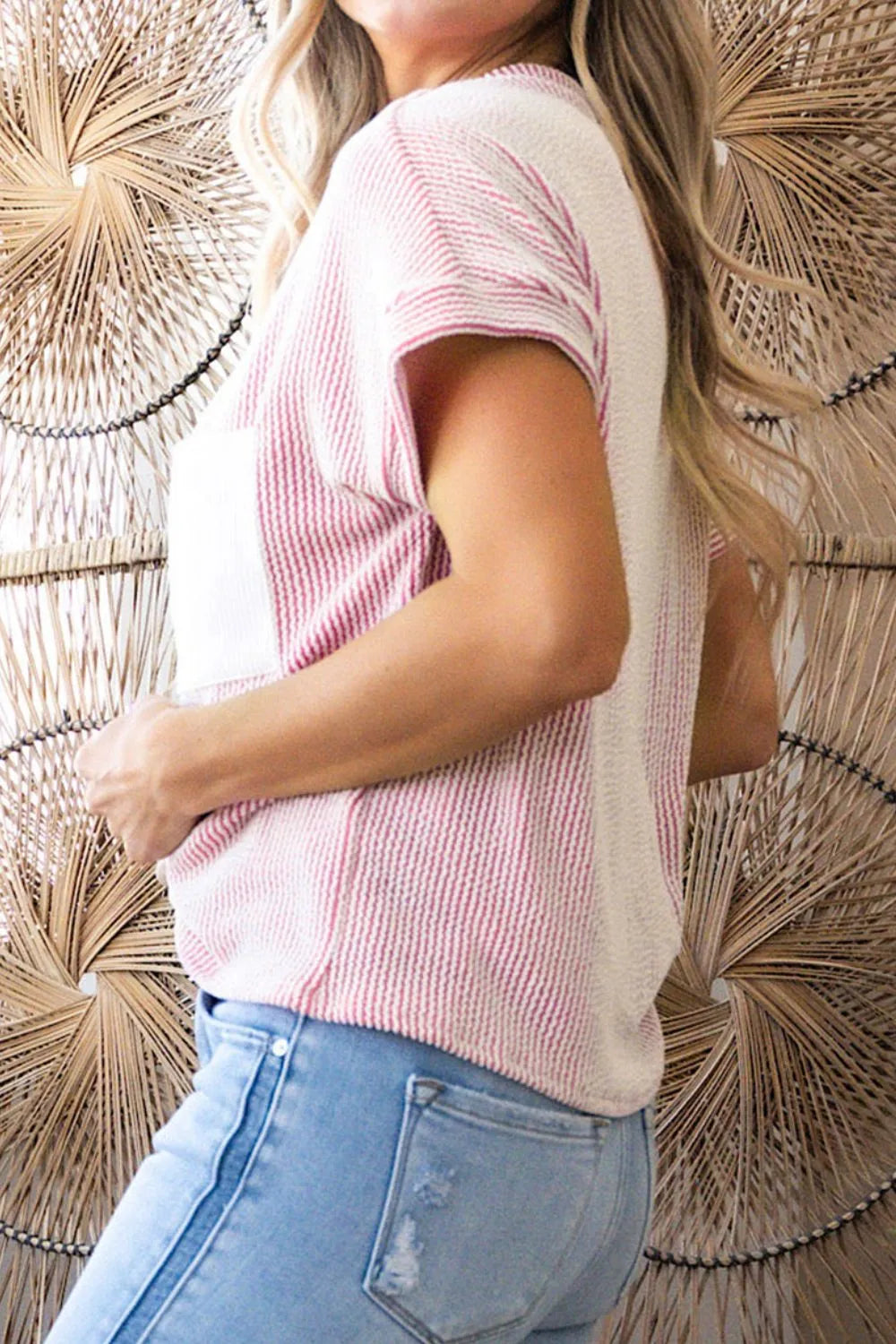 Corded Knit Color Block Pocketed Crew Neck T Shirt OutfitFlow