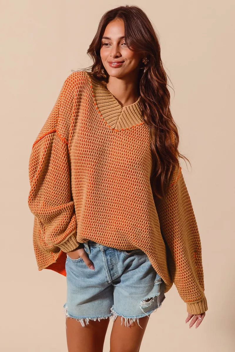 SO ME Oversized Two Tone Textured V Neck Sweater OutfitFlow