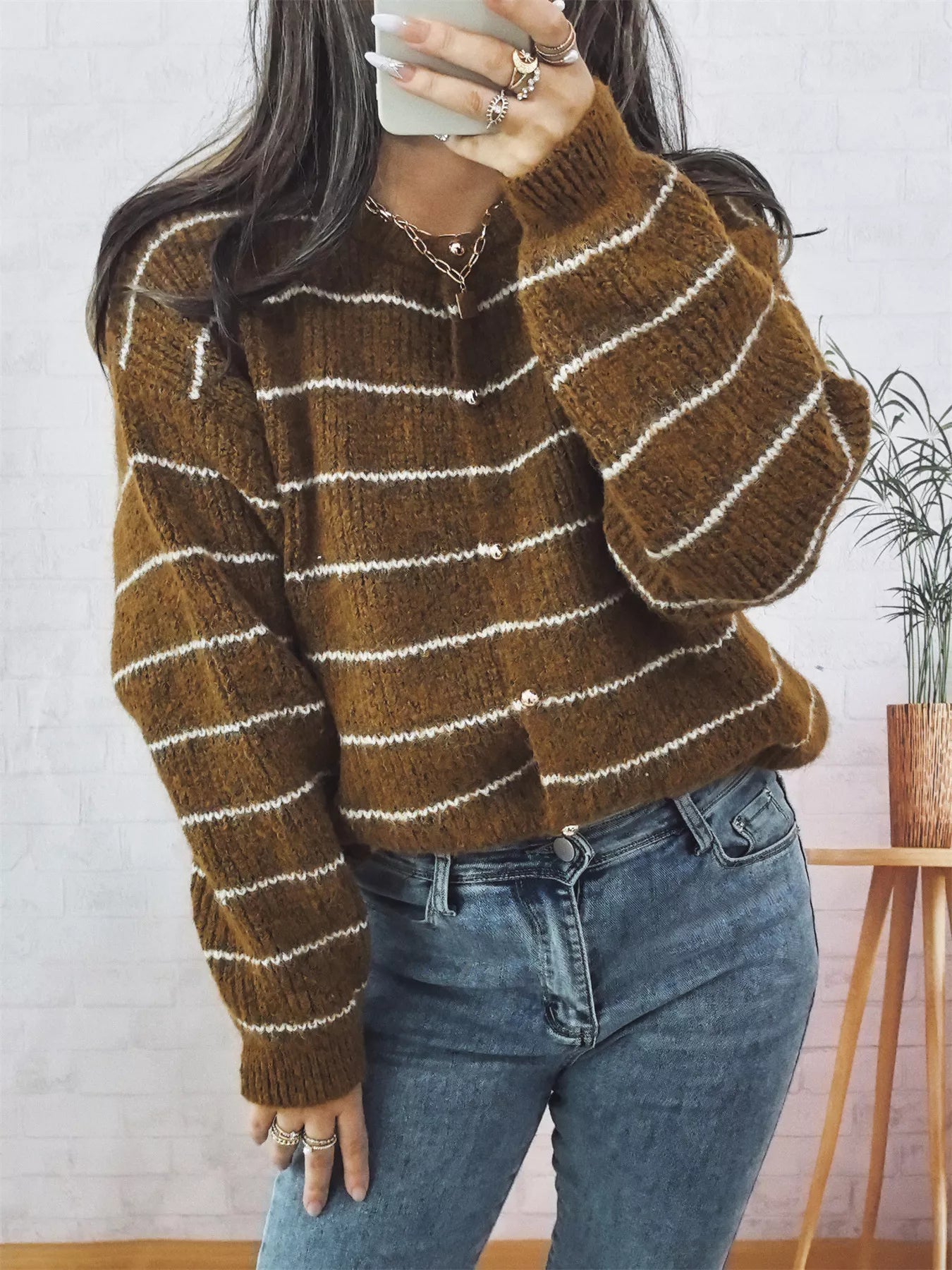 Striped Button Up Long Sleeve Cardigan OutfitFlow
