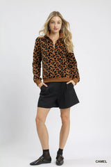 Umgee Leopard Print Quarter-Zip Sweatshirt OutfitFlow