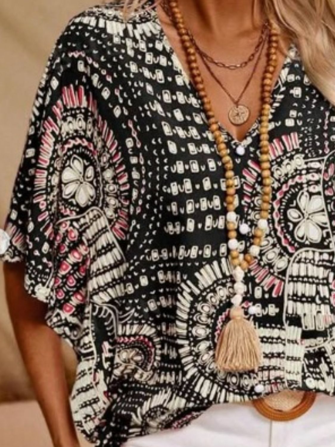 Printed V-Neck Half Sleeve Top OutfitFlow