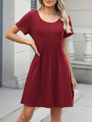 Pleated Front Round Neck Swing Dress OutfitFlow