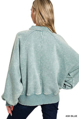 Zenana Acid Wash Fleece Collared Sweatshirt Trendsi