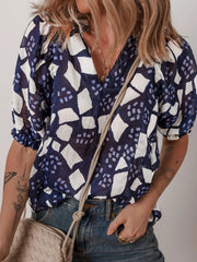 Abstract Print Frilled Puff Sleeve V Neck Blouse OutfitFlow