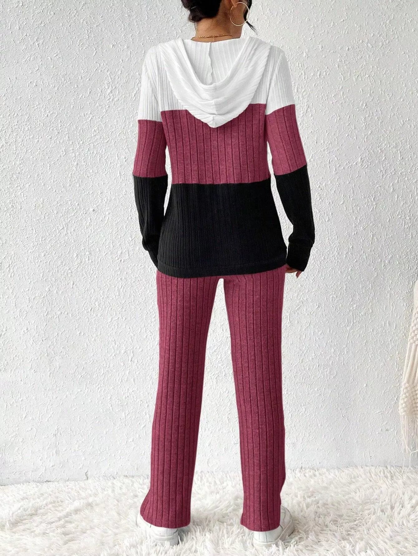 Color Block Half Zip Hooded Top and Pants Set OutfitFlow