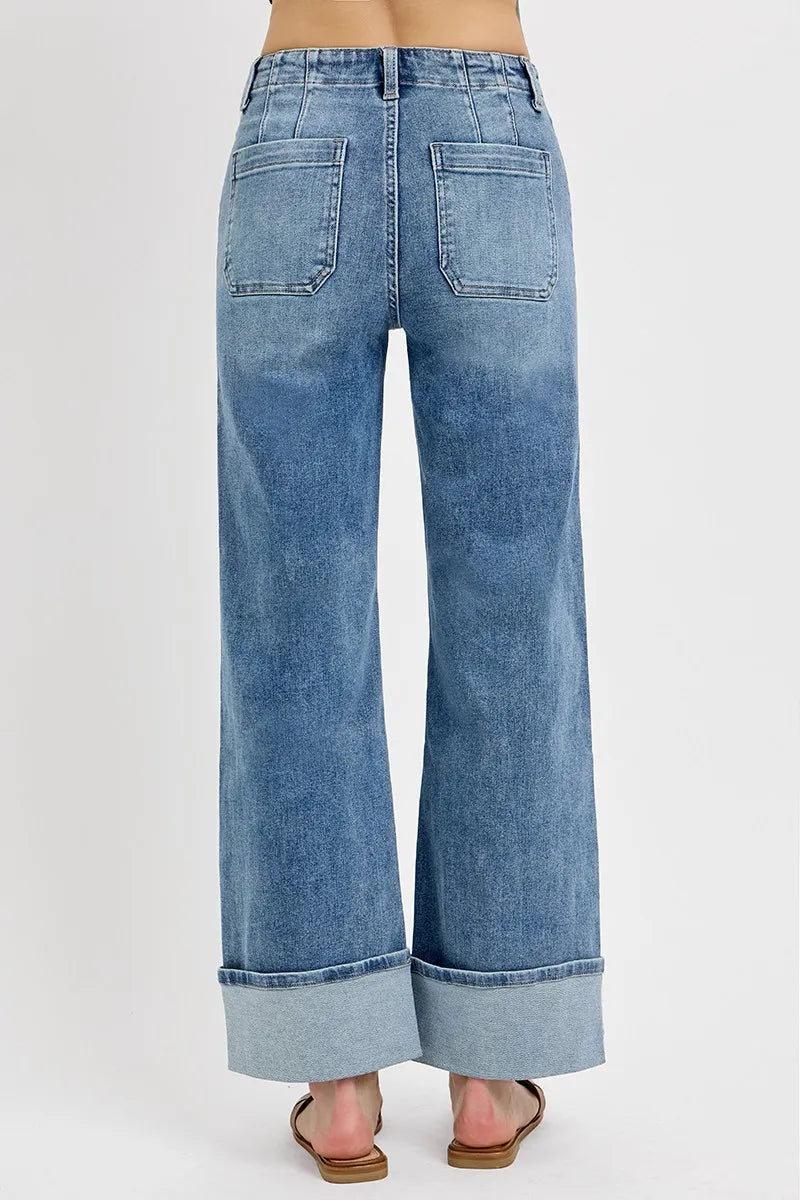 RISEN High Rise Ankle Wide Button Patch Pocket Cuffed Jeans OutfitFlow