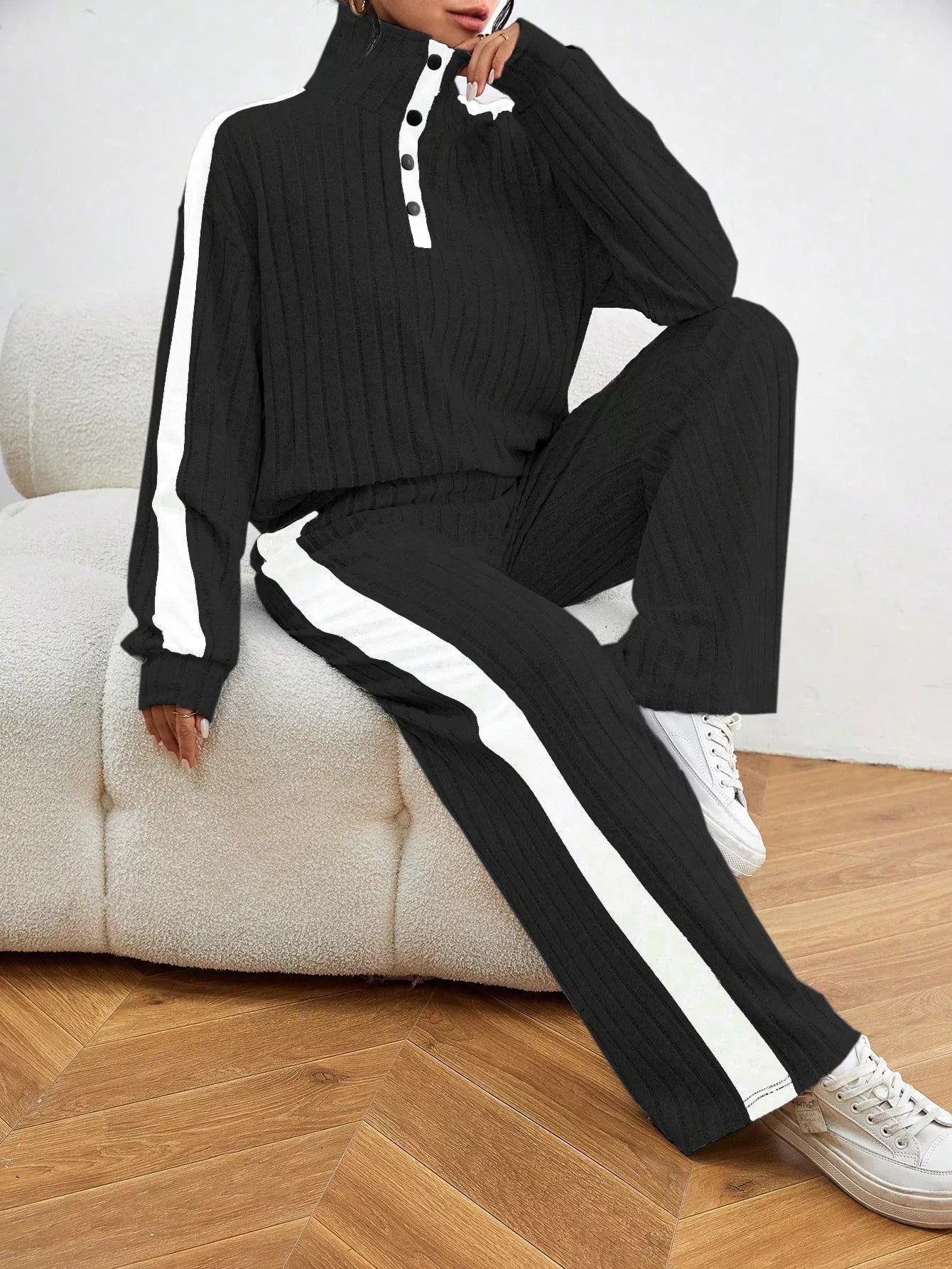 Ribbed Contrast Dropped Shoulder Top and Pants Set OutfitFlow