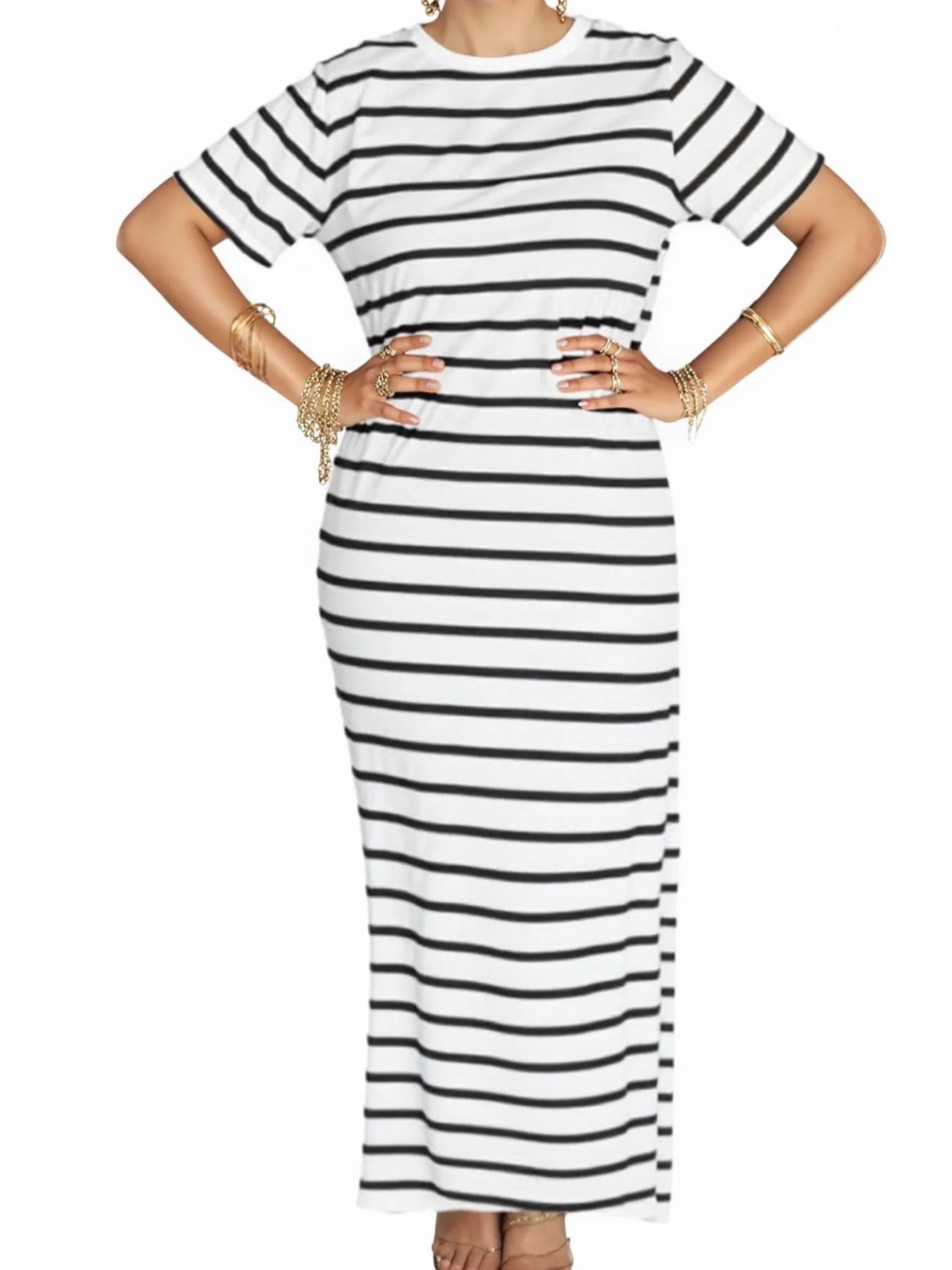 Full Size Striped T-Shirt Maxi Dress with Side Slit Plus Size OutfitFlow