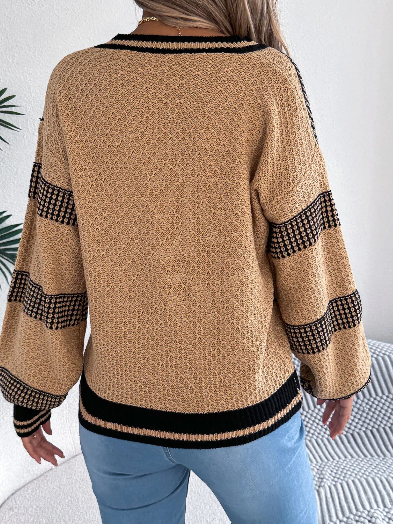 Contrast Striped V-Neck Sweater OutfitFlow