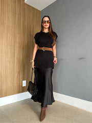 Round Neck Cap Sleeve Sweater Dress OutfitFlow