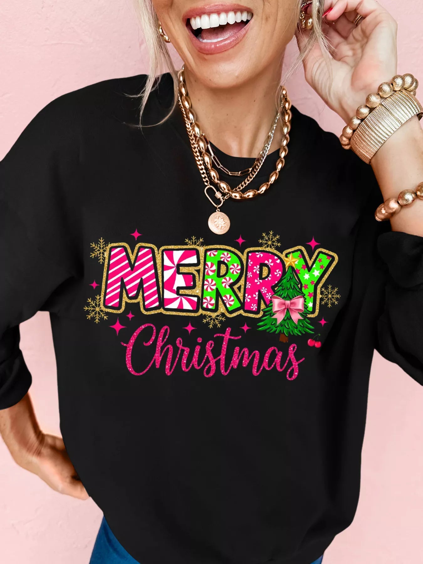 MERRY Christmas Letter Graphic Drop Shoulder Sweatshirt OutfitFlow