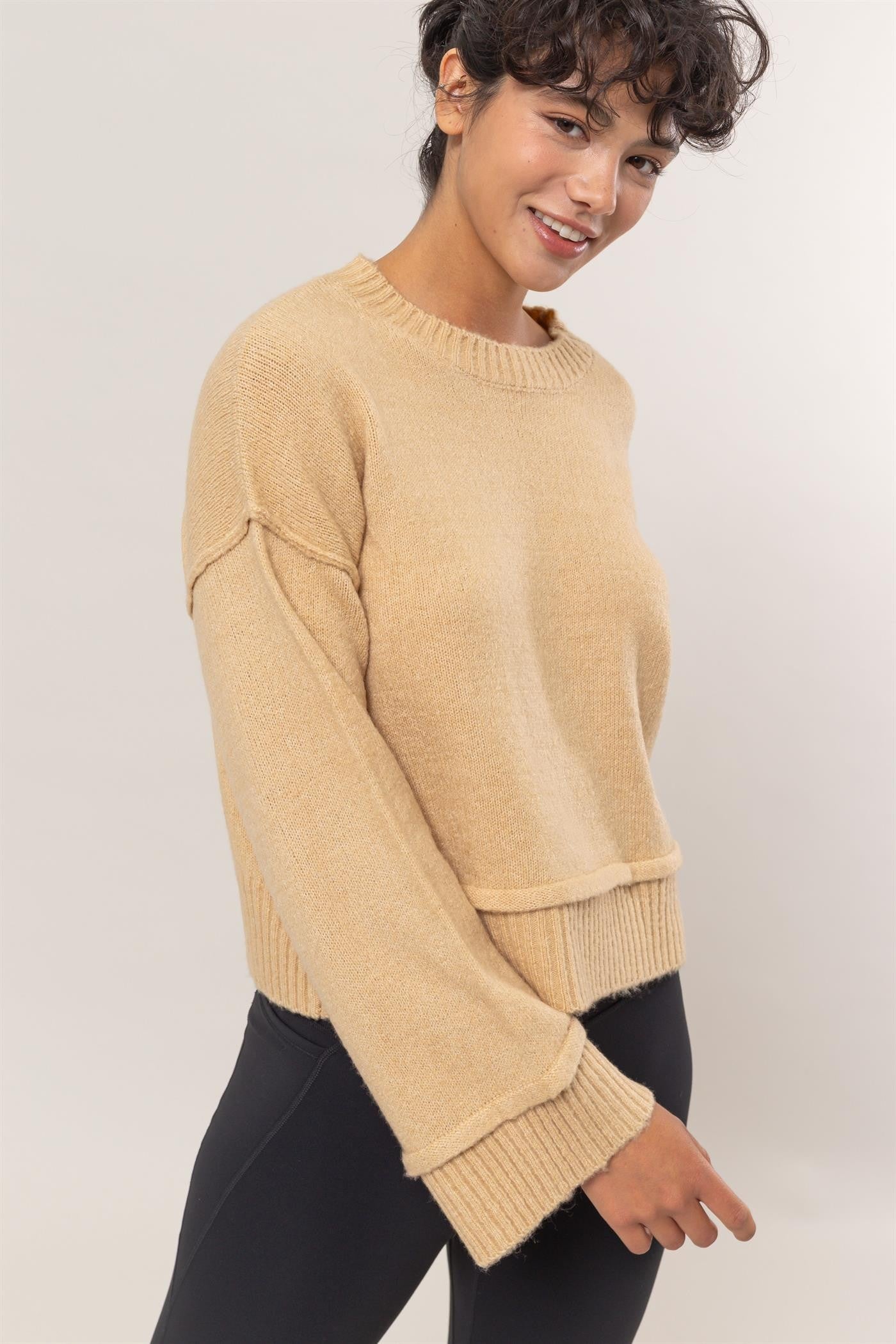 Outfit Flow - HYFVE Round Neck Dropped Shoulder Ribbed Sweater